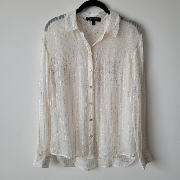 Juicy Couture Silk Button Down Shirt Sheer w Metallic Fiber Pinstripes XS - Picture 13 of 13